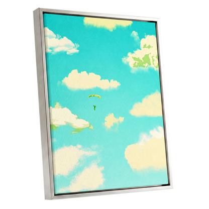 Cloudbound Reverie, blue, beige, yellow nature wall art shown as a silver framed canvas wall art