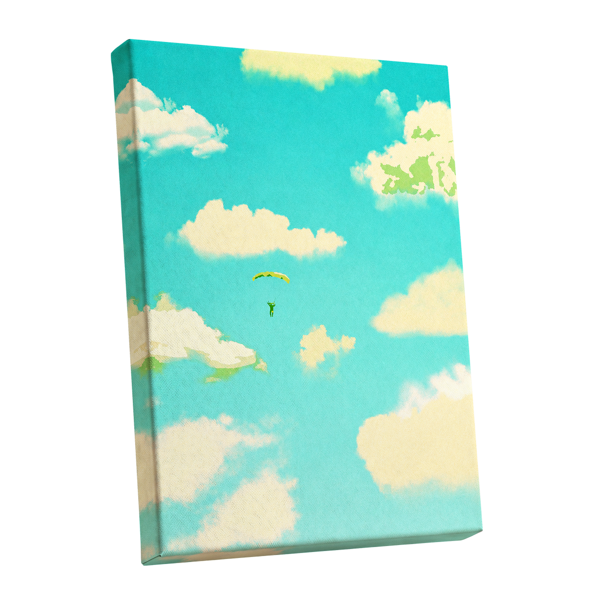 Cloudbound Reverie, blue, beige, yellow nature wall art shown as a stretched canvas wall art