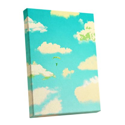 Cloudbound Reverie, blue, beige, yellow nature wall art shown as a stretched canvas wall art