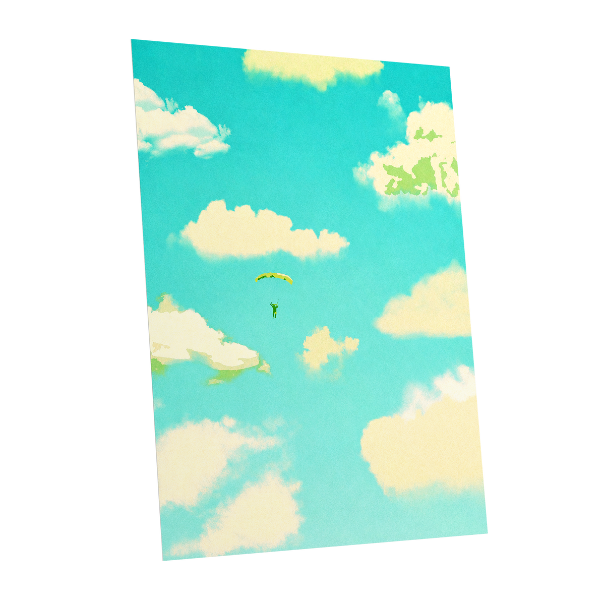 Cloudbound Reverie, blue, beige, yellow nature wall art shown as a unframed poster wall art print