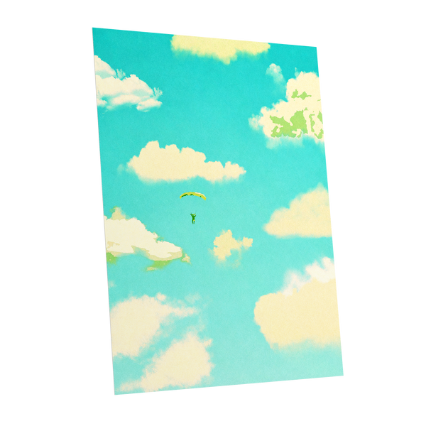 Cloudbound Reverie, blue, beige, yellow nature wall art shown as a unframed poster wall art print