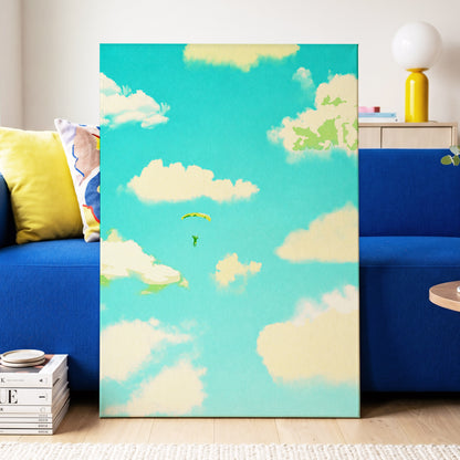 Cloudbound Reverie, blue, beige, yellow nature wall art displayed in a styled interior, gallery view 3