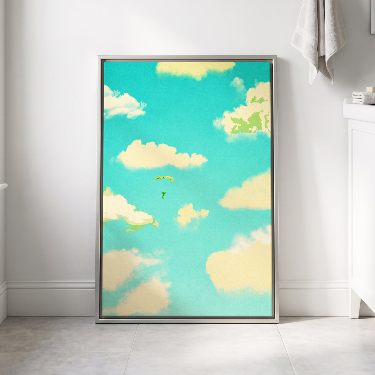 Cloudbound Reverie, blue, beige, yellow nature wall art displayed in a styled interior, gallery view 4