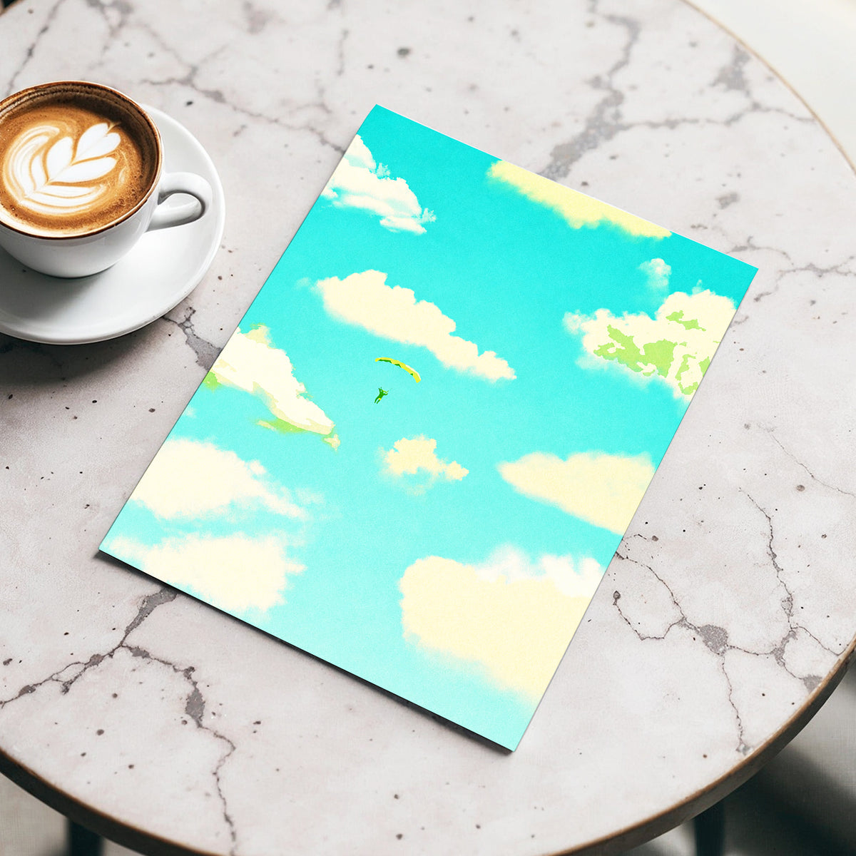 Cloudbound Reverie, blue, beige, yellow nature wall art displayed in a styled interior, gallery view 5