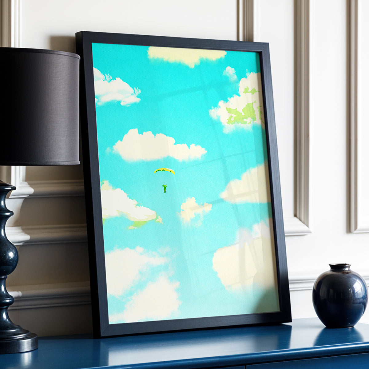 Cloudbound Reverie, blue, beige, yellow nature wall art displayed in a styled interior, gallery view 6