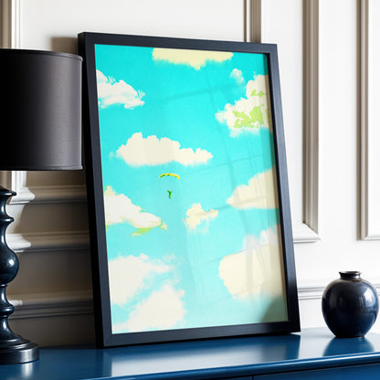 Cloudbound Reverie, blue, beige, yellow nature wall art displayed in a styled interior, gallery view 6