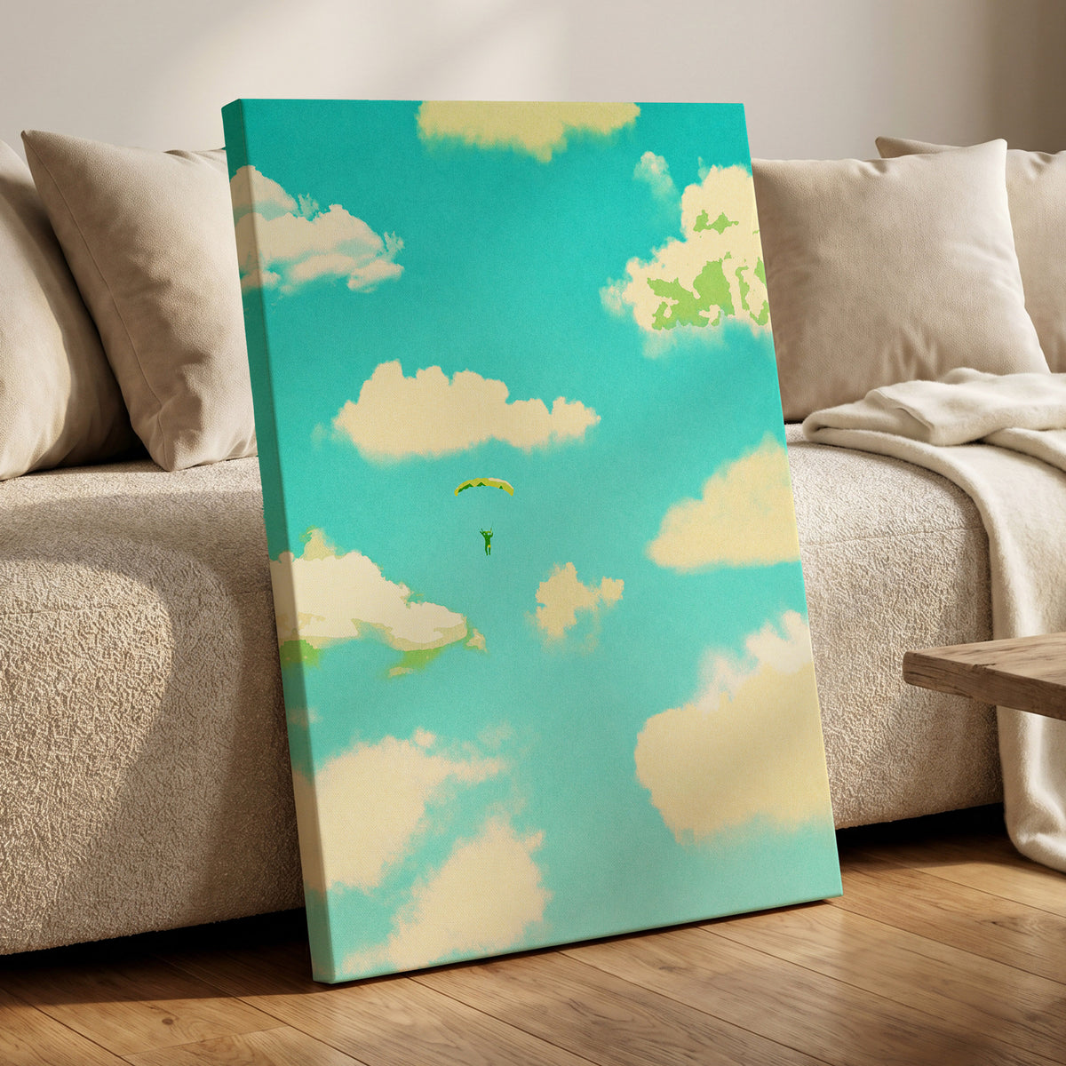 Cloudbound Reverie, blue, beige, yellow nature wall art displayed in a styled interior, gallery view 7