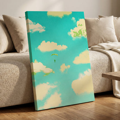 Cloudbound Reverie, blue, beige, yellow nature wall art displayed in a styled interior, gallery view 7