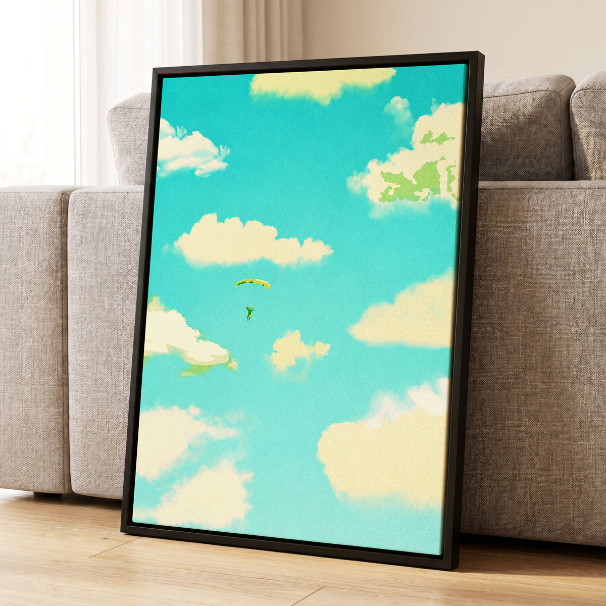 Cloudbound Reverie, blue, beige, yellow nature wall art displayed in a styled interior, gallery view 8