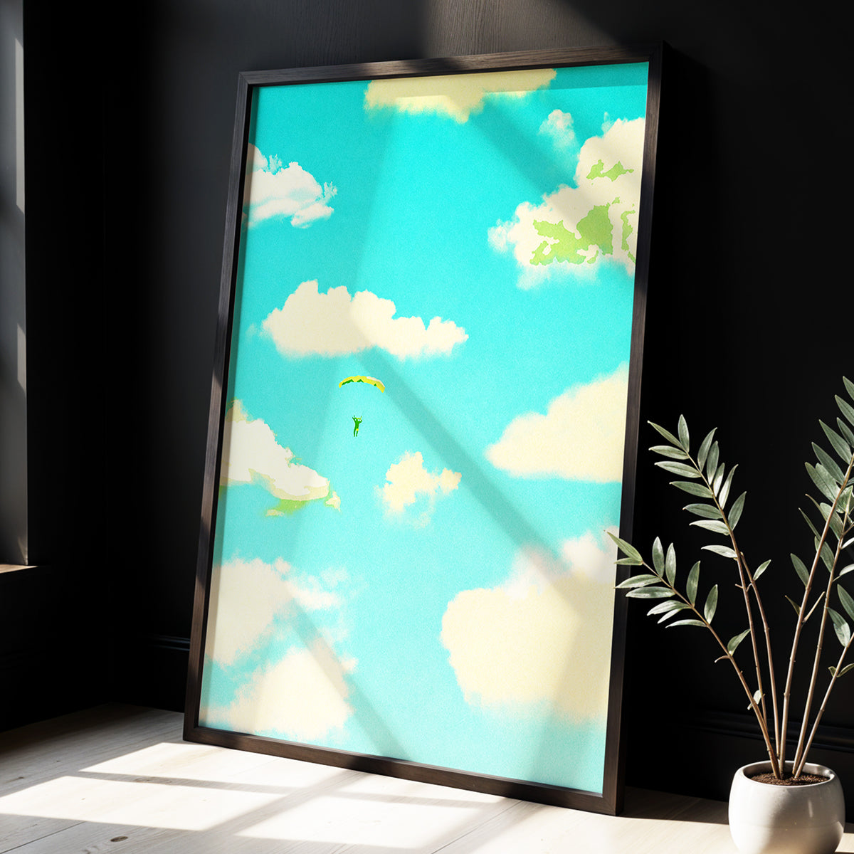 Cloudbound Reverie, blue, beige, yellow nature wall art displayed in a styled interior, gallery view 9