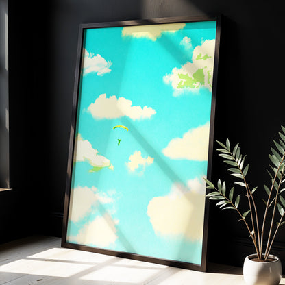 Cloudbound Reverie, blue, beige, yellow nature wall art displayed in a styled interior, gallery view 9