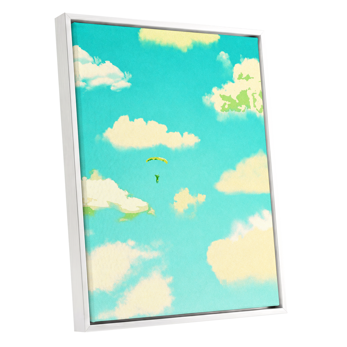 Cloudbound Reverie, blue, beige, yellow nature wall art shown as a white framed canvas wall art