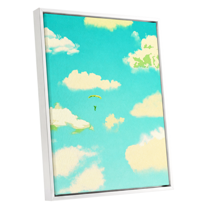 Cloudbound Reverie, blue, beige, yellow nature wall art shown as a white framed canvas wall art