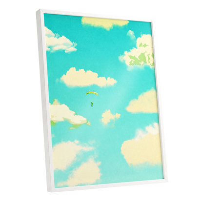 Cloudbound Reverie, blue, beige, yellow nature wall art shown as a white framed poster wall art print