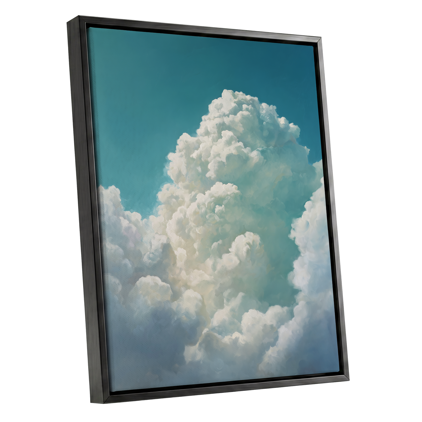 Clouds Above the Blue, blue, white, gray nature wall art shown as a black framed canvas wall art