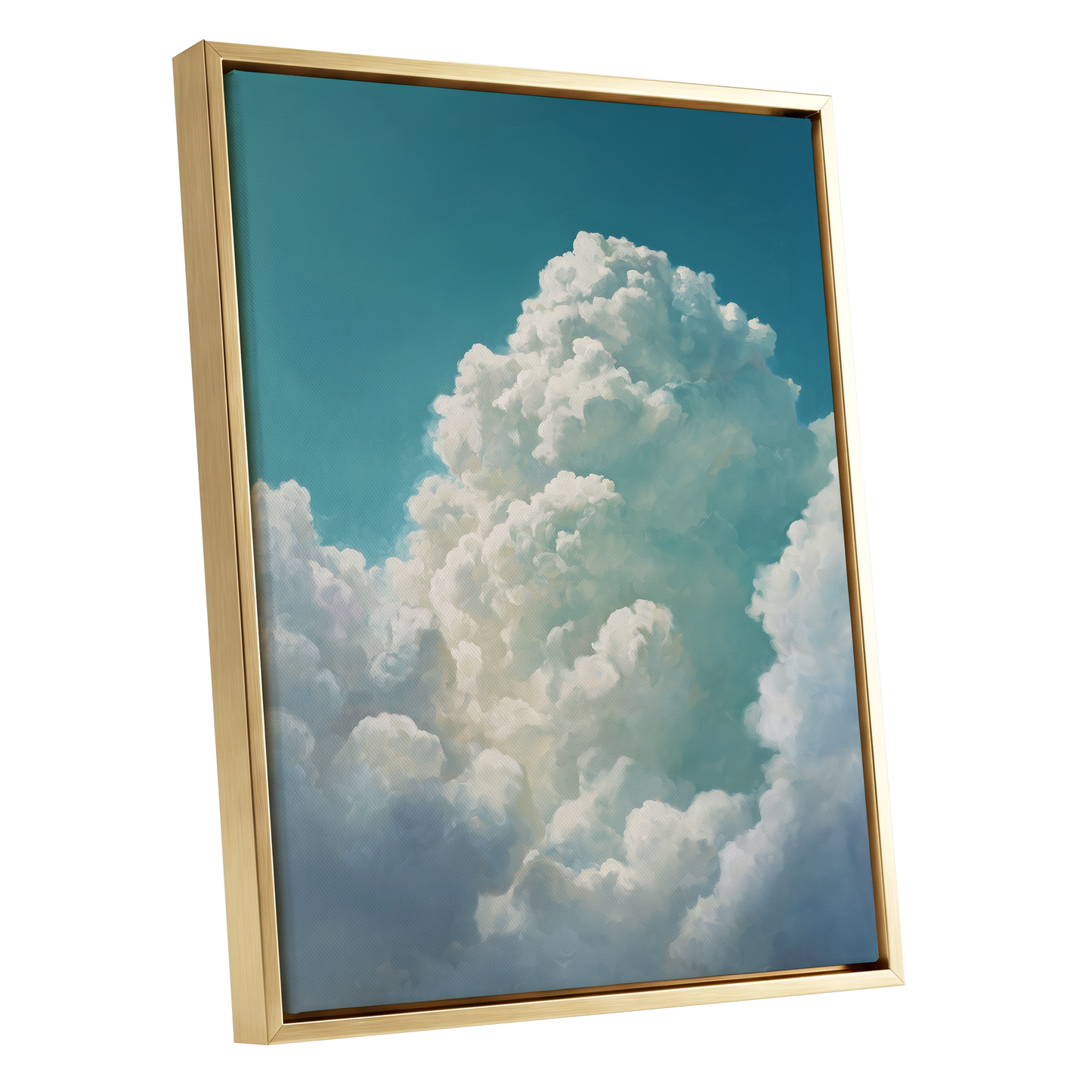 Clouds Above the Blue, blue, white, gray nature wall art shown as a gold framed canvas wall art