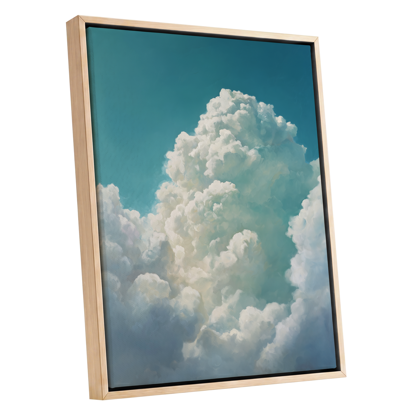 Clouds Above the Blue, blue, white, gray nature wall art shown as a oak framed canvas wall art