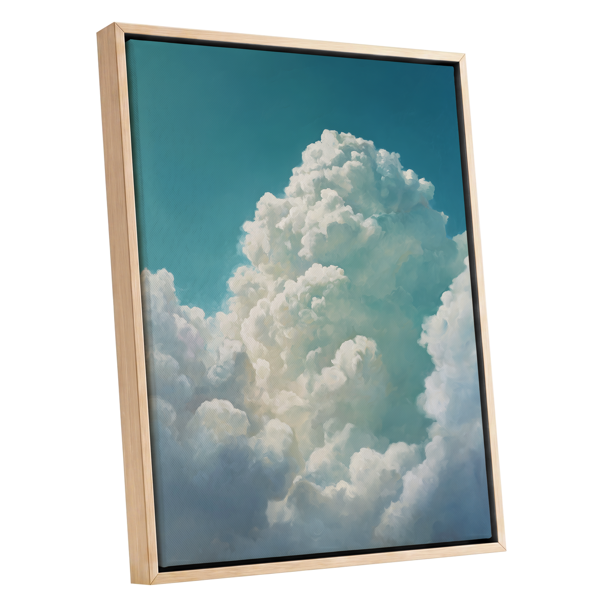 Clouds Above the Blue, blue, white, gray nature wall art shown as a oak framed canvas wall art