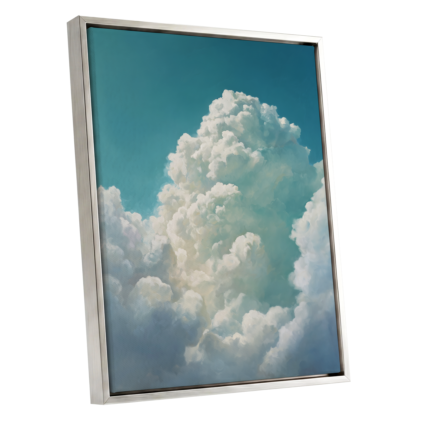 Clouds Above the Blue, blue, white, gray nature wall art shown as a silver framed canvas wall art