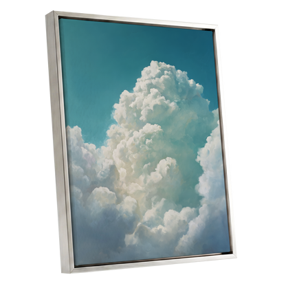 Clouds Above the Blue, blue, white, gray nature wall art shown as a silver framed canvas wall art