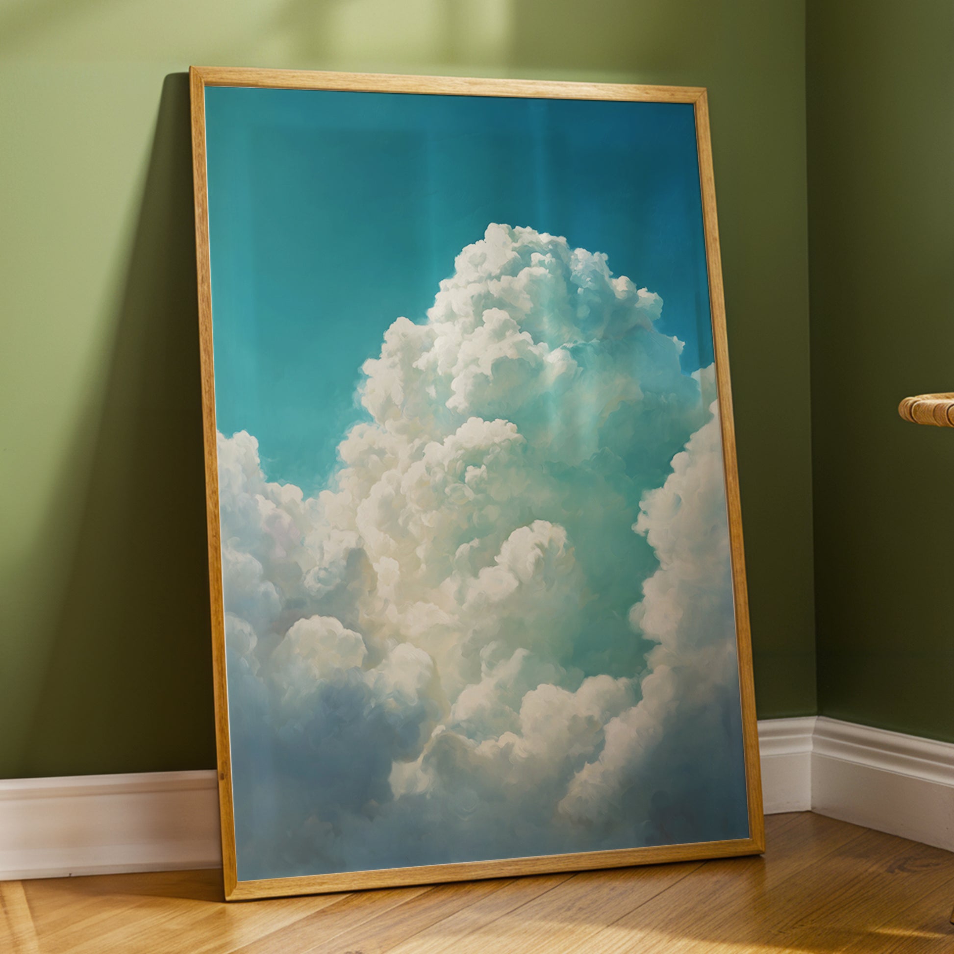 Clouds Above the Blue, blue, white, gray nature wall art displayed in a styled interior, gallery view 2