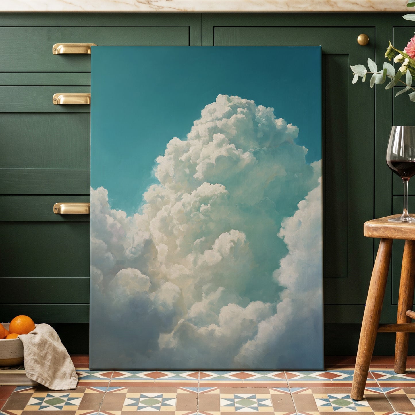 Clouds Above the Blue, blue, white, gray nature wall art displayed in a styled interior, gallery view 3