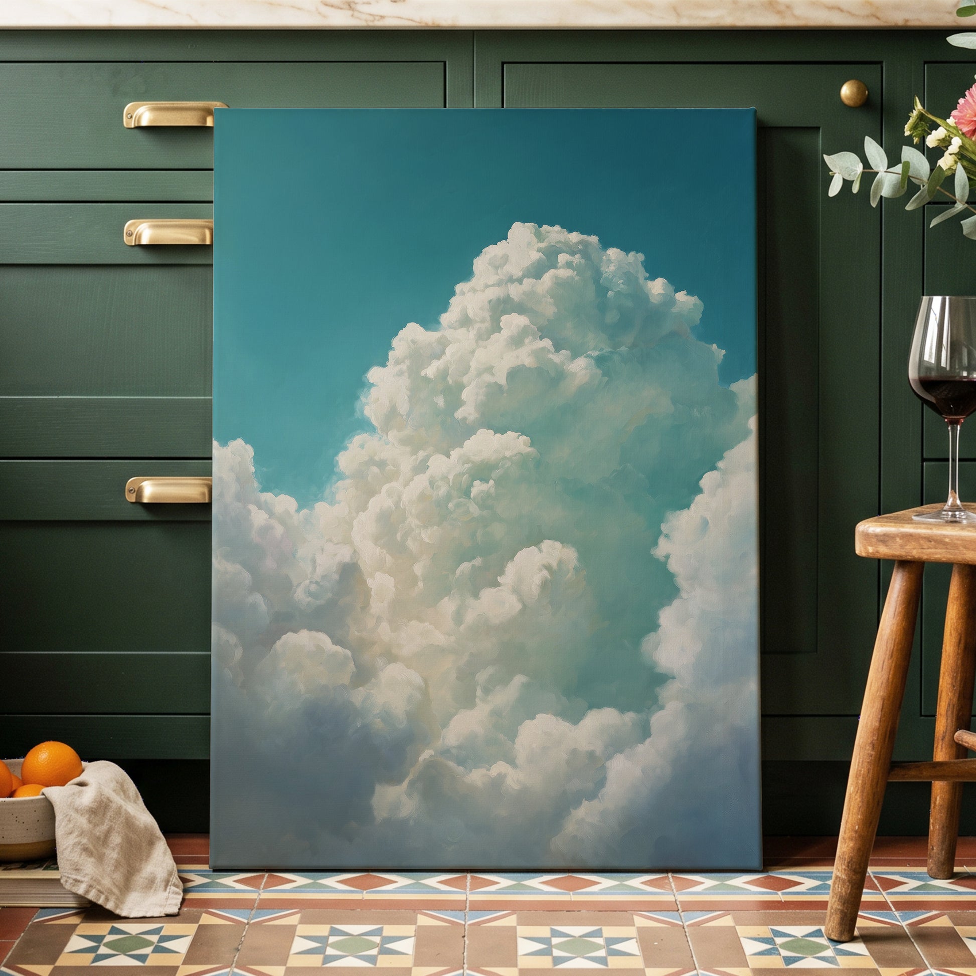 Clouds Above the Blue, blue, white, gray nature wall art displayed in a styled interior, gallery view 3