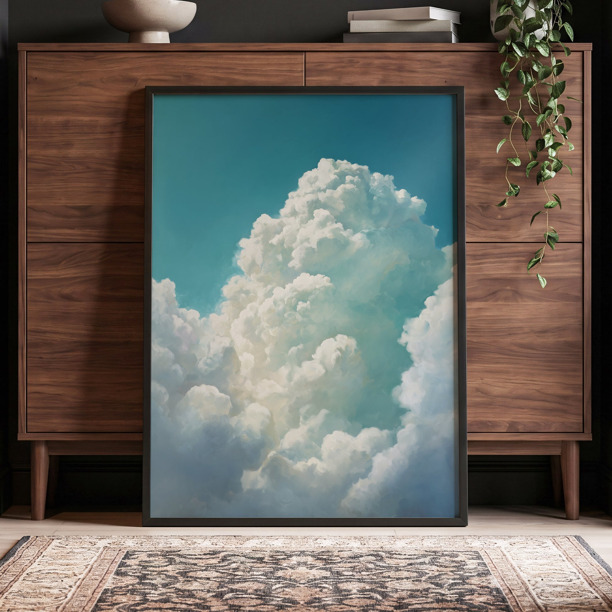 Clouds Above the Blue, blue, white, gray nature wall art displayed in a styled interior, gallery view 6