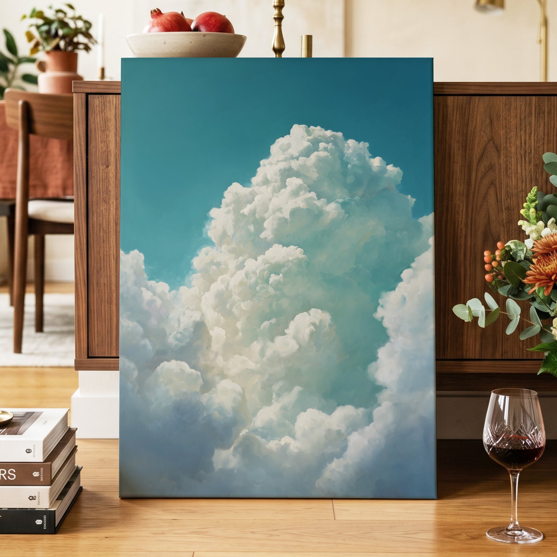 Clouds Above the Blue, blue, white, gray nature wall art displayed in a styled interior, gallery view 7