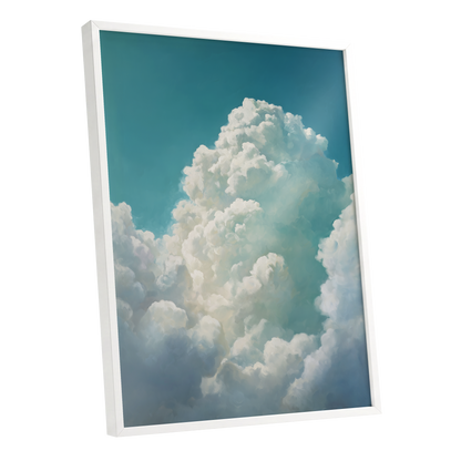 Clouds Above the Blue, blue, white, gray nature wall art shown as a white framed poster wall art print