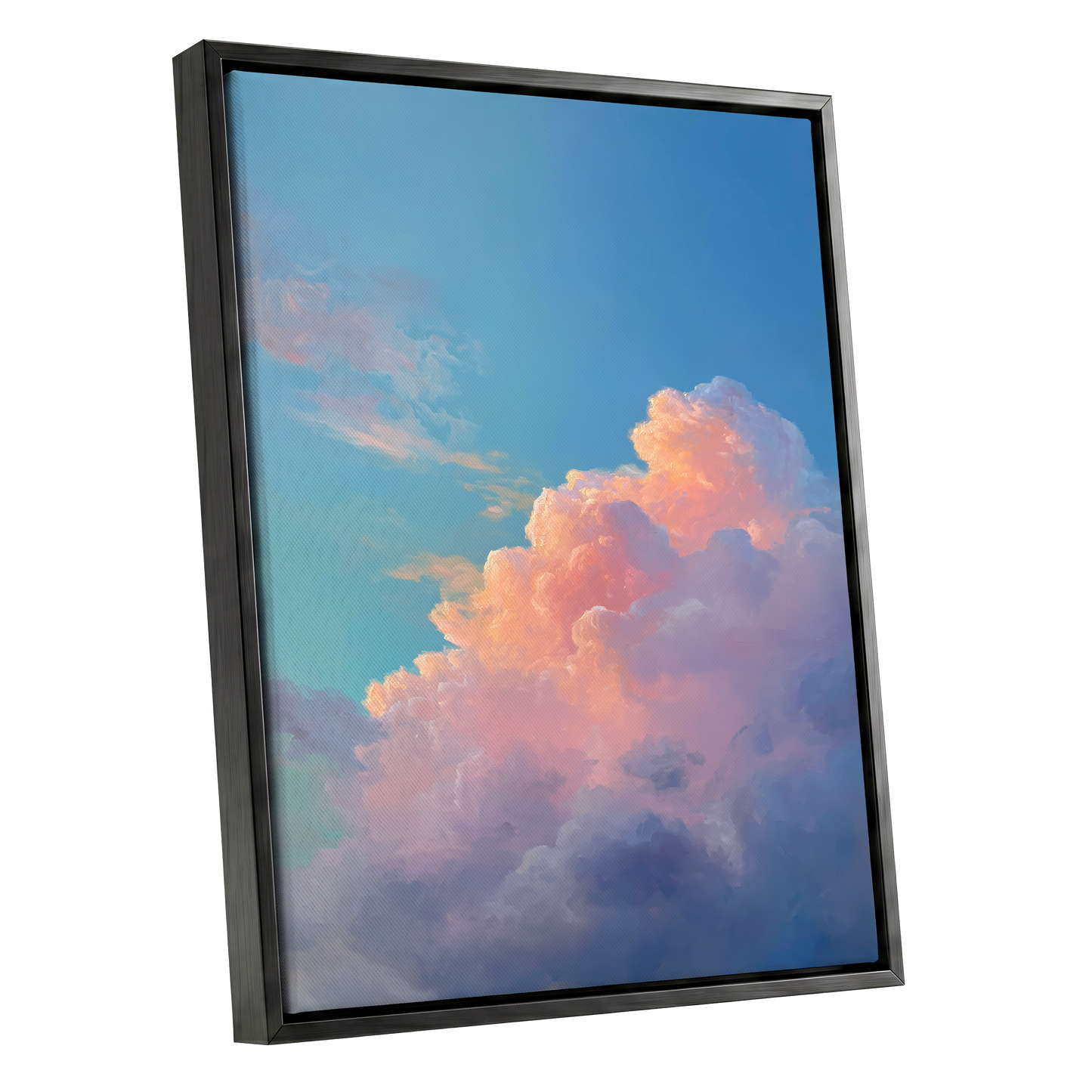 Clouds at Blush Hour, blue, pink, purple nature wall art shown as a black framed canvas wall art