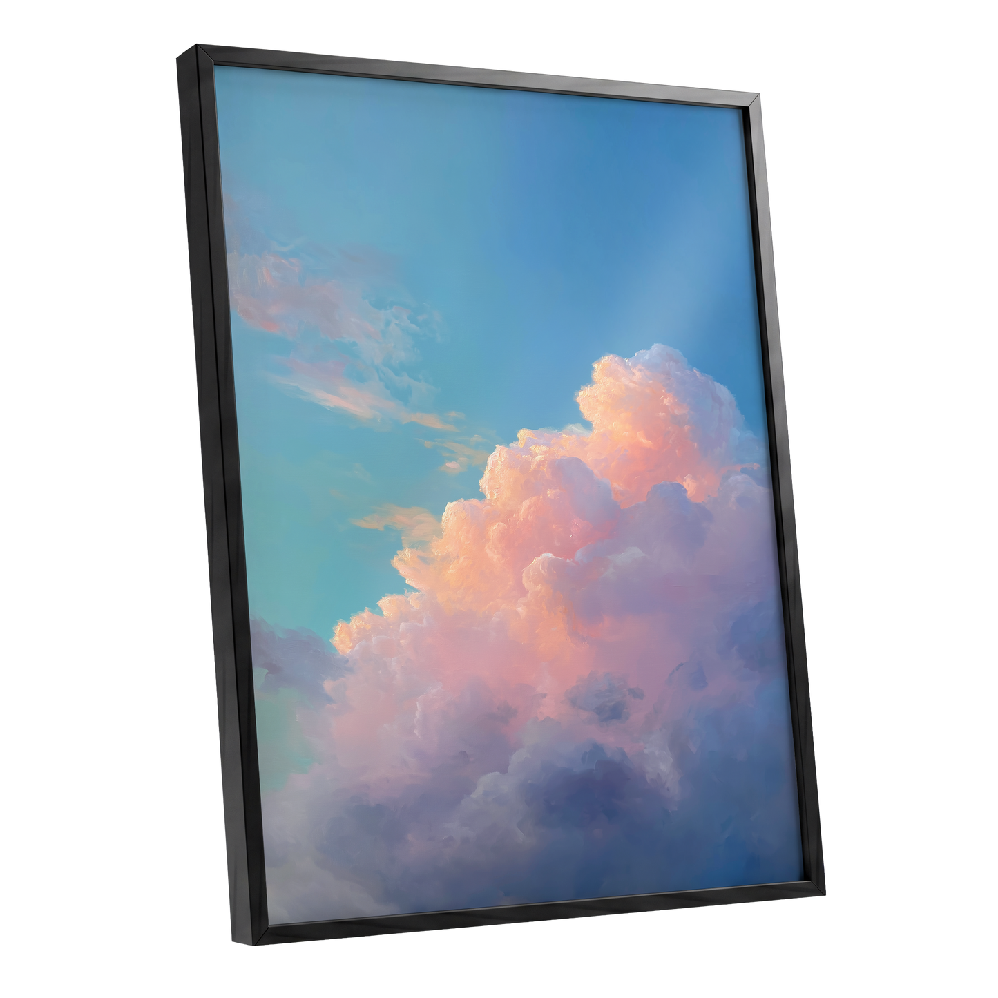 Clouds at Blush Hour, blue, pink, purple nature wall art shown as a black framed poster wall art print