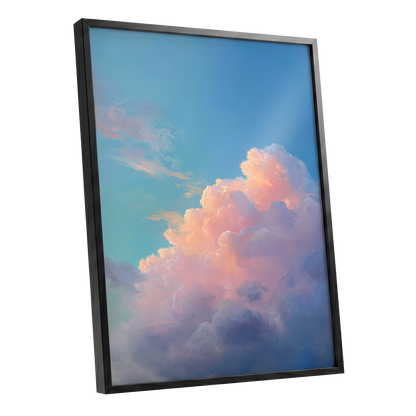 Clouds at Blush Hour, blue, pink, purple nature wall art shown as a black framed poster wall art print