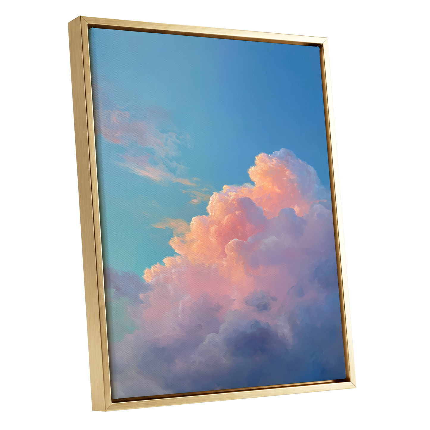 Clouds at Blush Hour, blue, pink, purple nature wall art shown as a gold framed canvas wall art
