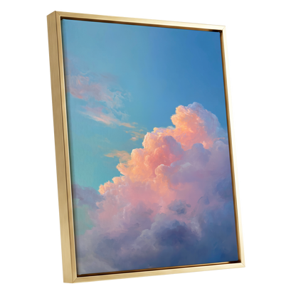 Clouds at Blush Hour, blue, pink, purple nature wall art shown as a gold framed canvas wall art