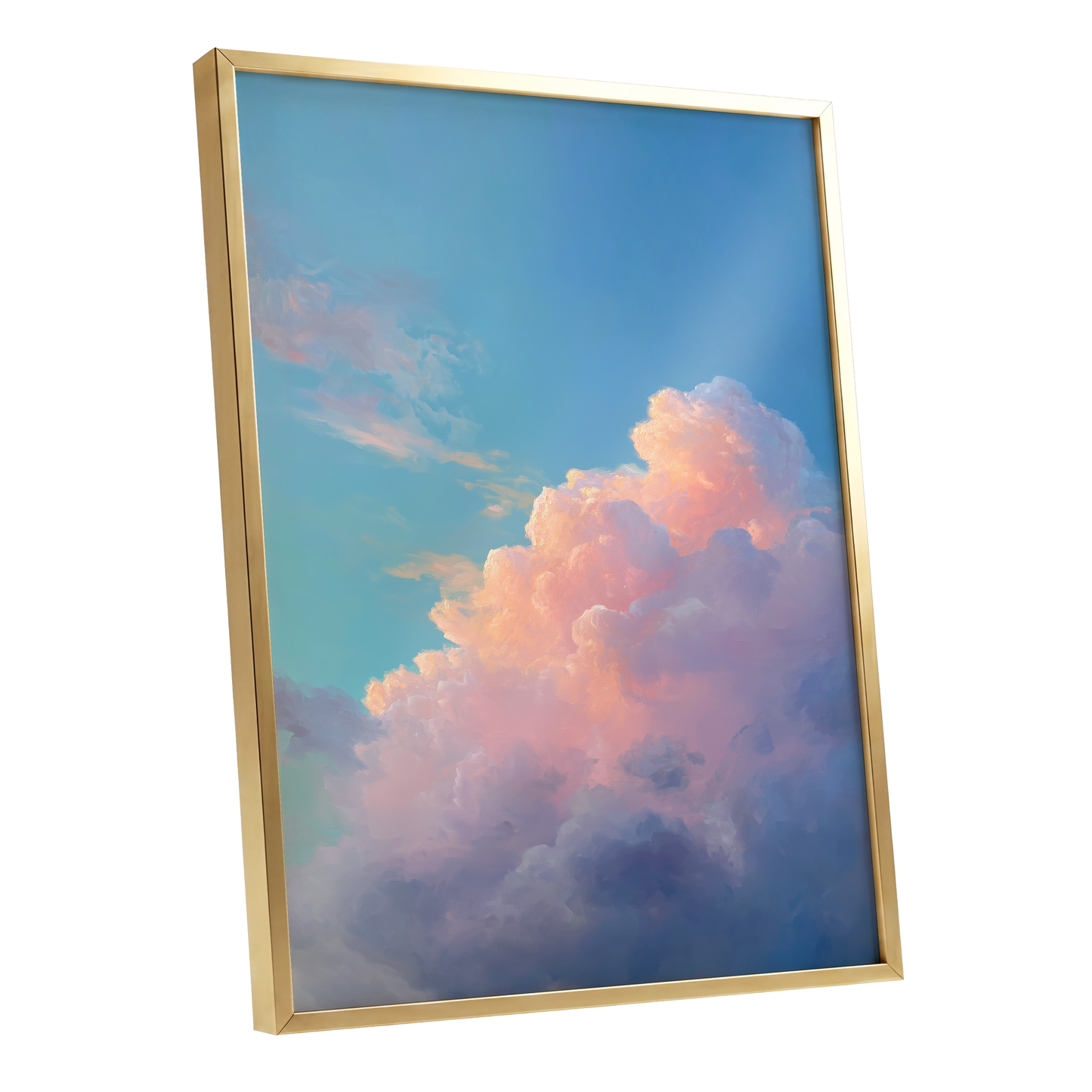 Clouds at Blush Hour, blue, pink, purple nature wall art shown as a gold framed poster wall art print