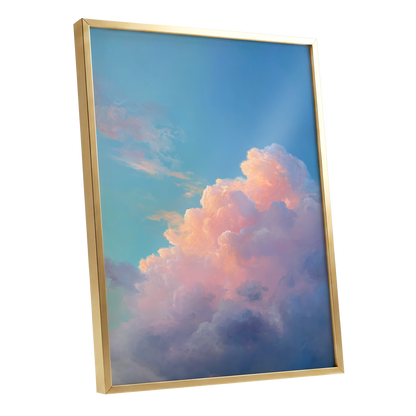Clouds at Blush Hour, blue, pink, purple nature wall art shown as a gold framed poster wall art print