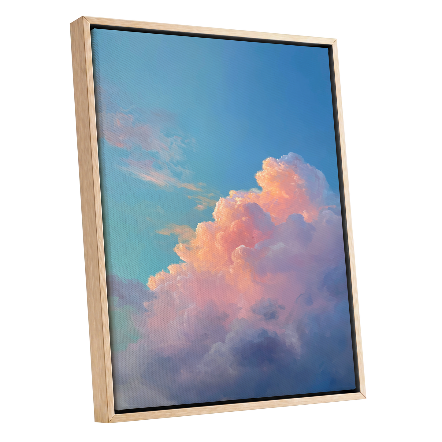 Clouds at Blush Hour, blue, pink, purple nature wall art shown as a oak framed canvas wall art