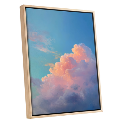 Clouds at Blush Hour, blue, pink, purple nature wall art shown as a oak framed canvas wall art