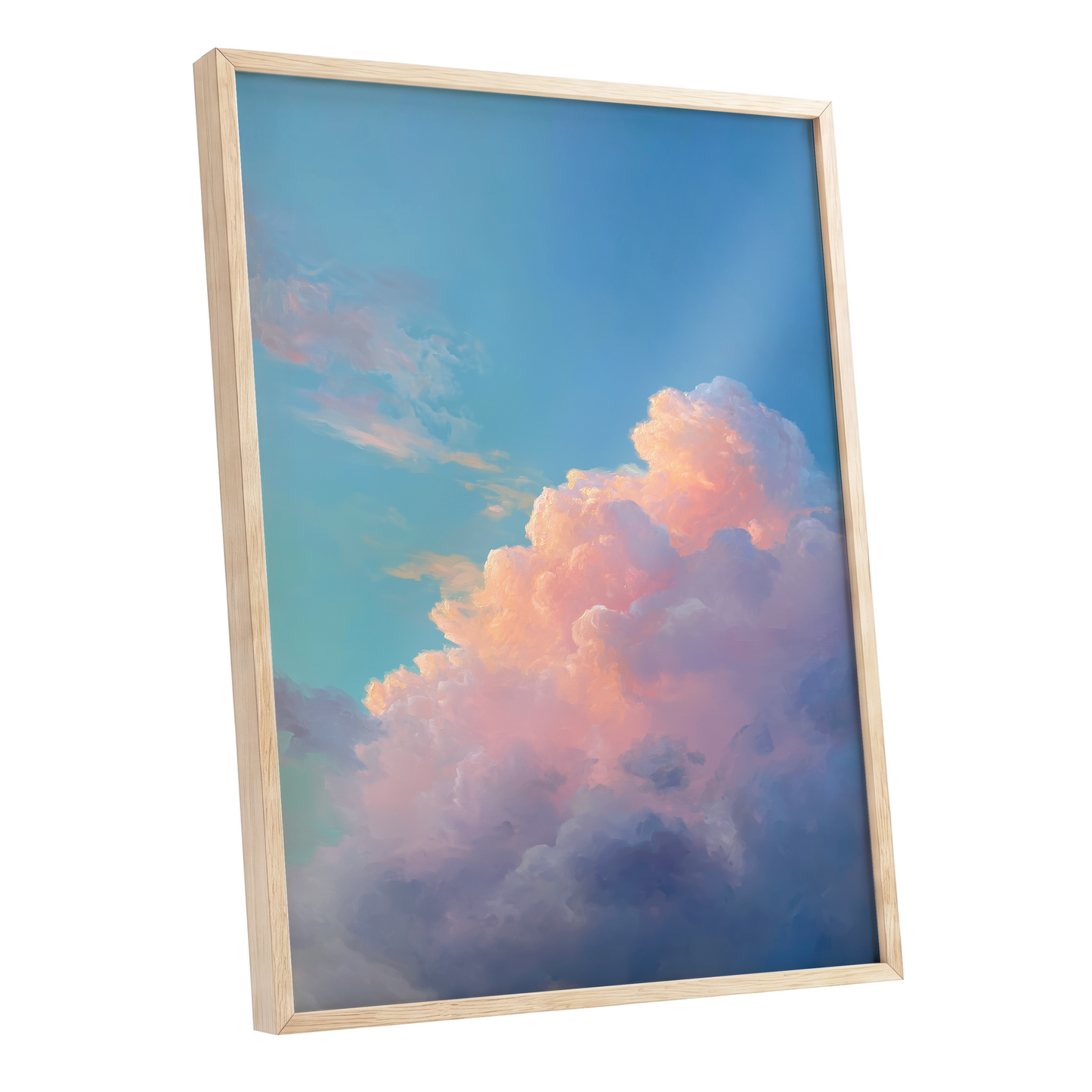 Clouds at Blush Hour, blue, pink, purple nature wall art shown as a oak framed poster wall art print