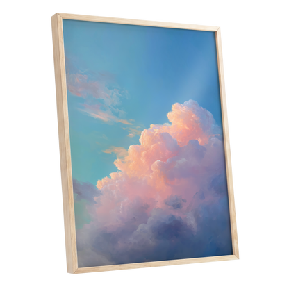 Clouds at Blush Hour, blue, pink, purple nature wall art shown as a oak framed poster wall art print