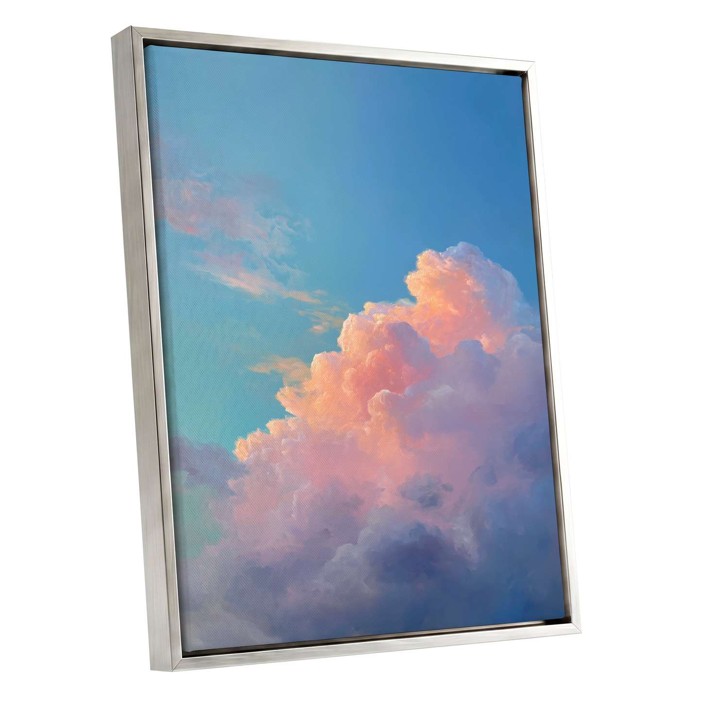 Clouds at Blush Hour, blue, pink, purple nature wall art shown as a silver framed canvas wall art
