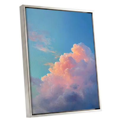 Clouds at Blush Hour, blue, pink, purple nature wall art shown as a silver framed canvas wall art