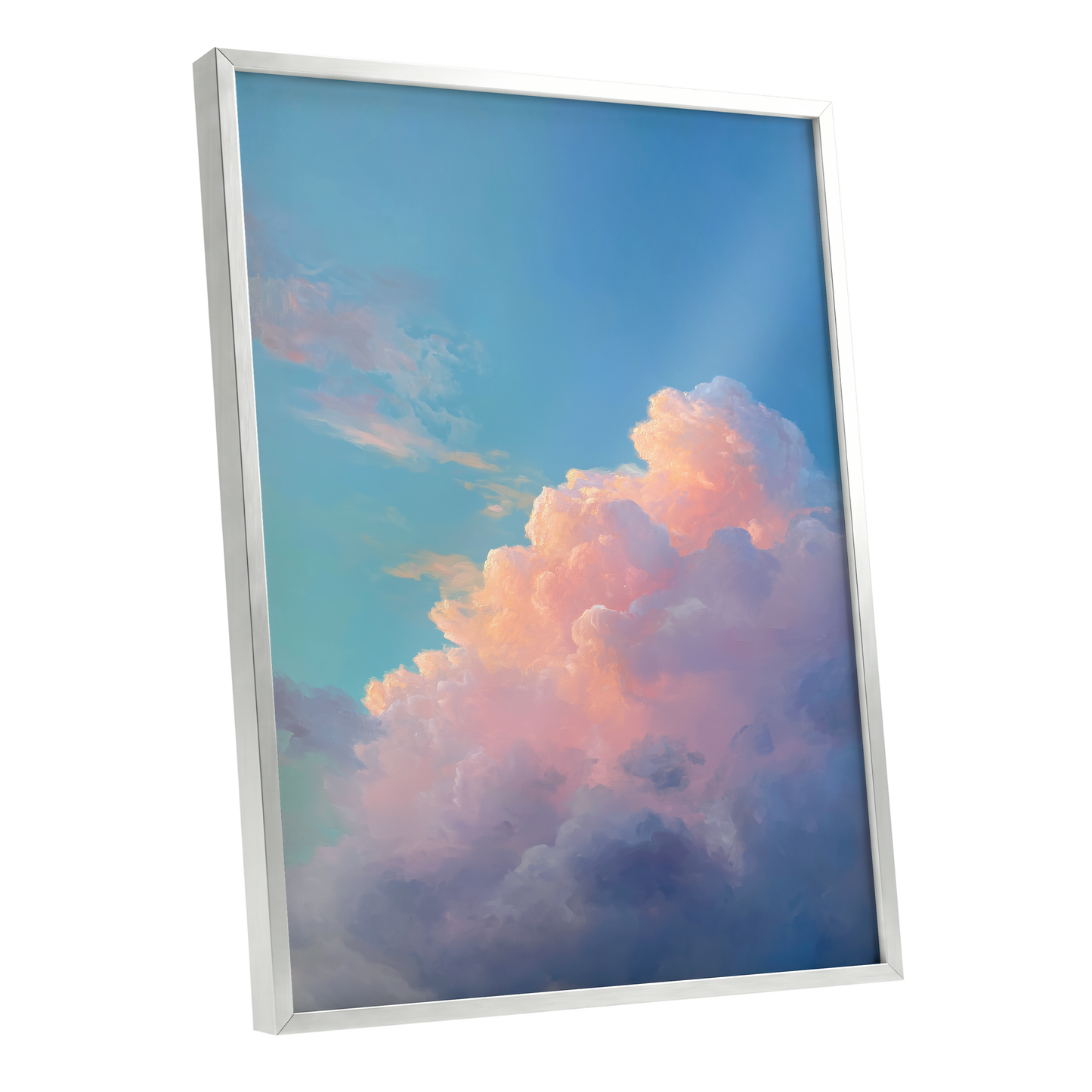 Clouds at Blush Hour, blue, pink, purple nature wall art shown as a silver framed poster wall art print