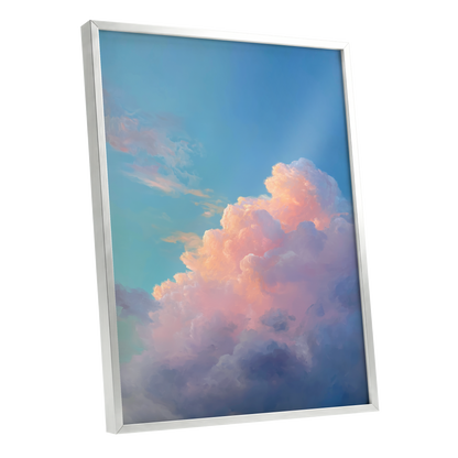 Clouds at Blush Hour, blue, pink, purple nature wall art shown as a silver framed poster wall art print