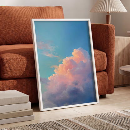 Clouds at Blush Hour, blue, pink, purple nature wall art displayed in a styled interior, gallery view 2