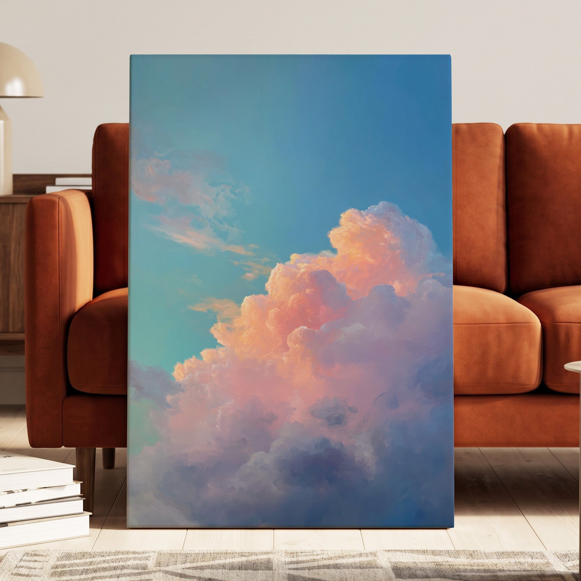 Clouds at Blush Hour, blue, pink, purple nature wall art displayed in a styled interior, gallery view 3