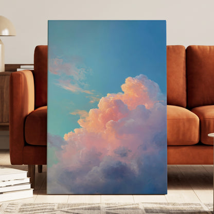 Clouds at Blush Hour, blue, pink, purple nature wall art displayed in a styled interior, gallery view 3