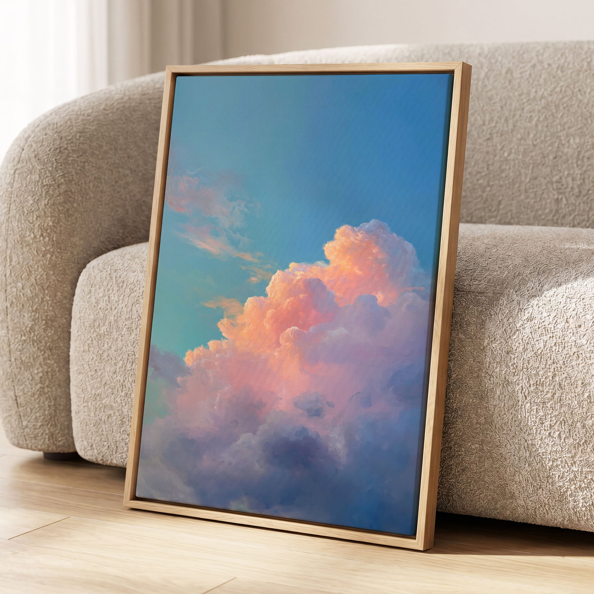 Clouds at Blush Hour, blue, pink, purple nature wall art displayed in a styled interior, gallery view 4