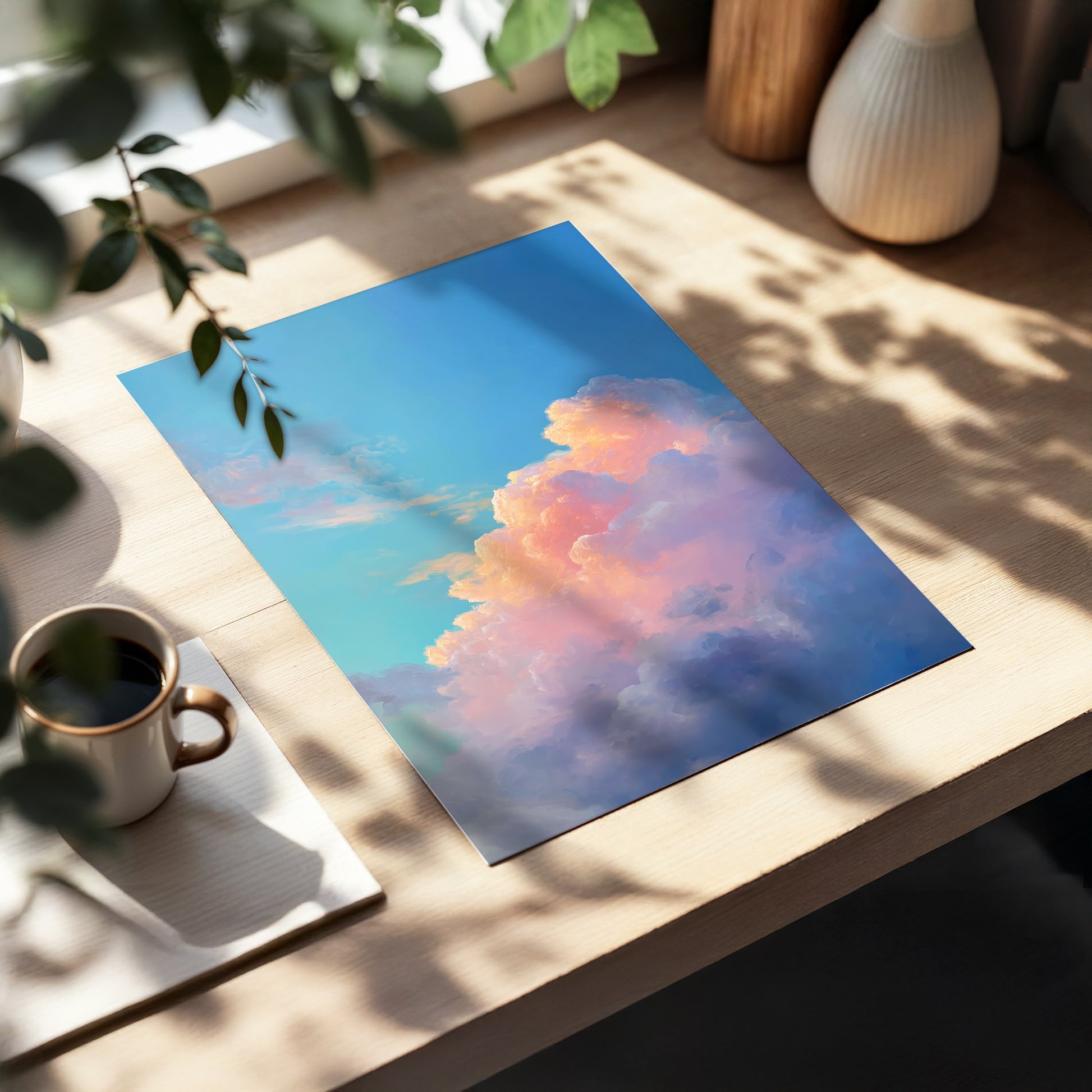 Clouds at Blush Hour, blue, pink, purple nature wall art displayed in a styled interior, gallery view 5